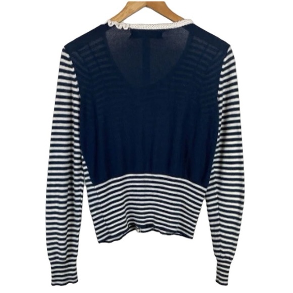Anthro Sparrow Navy Striped Crochet Knit Detail Snap Cardigan Sweater - Picture 5 of 11